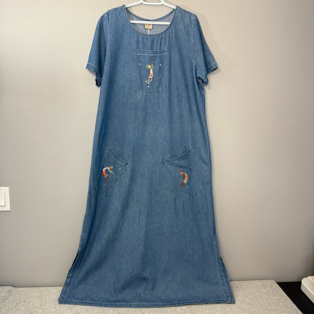 Vintage  CACTUS CALIFORNIA Cottagecore Embroidered Peasant Denim Dress size M - Picture 5 of 15